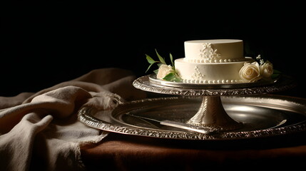 Cake on polished vintage silver tray with intricate engravings, moody atmospheric lighting