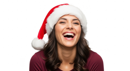 Woman laughing wearing a santa hat, isolated on transparent background