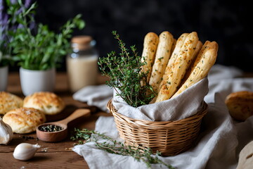 Fresh baked breadsticks in a wicker basket with herbs on table  