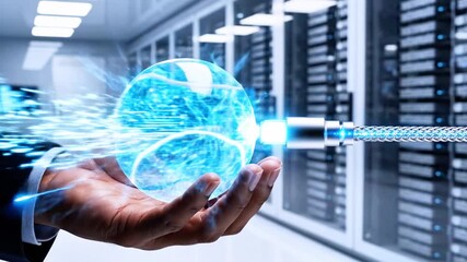 A hand holds a digital sphere connected to a cable within a server room - Powered by Adobe