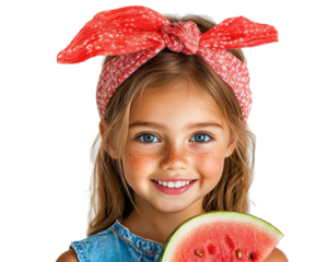 Girl with Red Headband and Watermelon Slice on Transparent Background