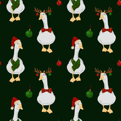 Festive Geese Wearing Holiday Hats and Antlers Against a Dark Background