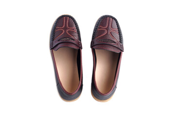 Top view of a pair of women’s leather loafers in burgundy and black tones, featuring detailed stitching and a cushioned insole, displayed on a clean white background for fashion and product design use