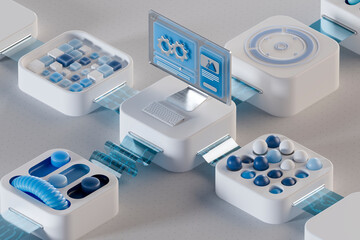 3D data processing blocks with blue digital interface elements