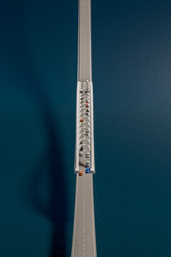 3D top view of bridge highway over blue water