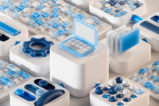 3D block network in blue tones representing technology infrastructure