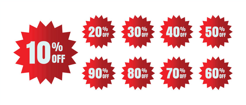 Starburst discount badge icon set. 10%, 20%, 30%, 40%, 50%, 60%, 70%, 80%, 90% off starburst sticker vector design on transparent background. Vector illustration. 