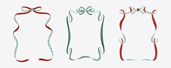 Set of ribbon frames with bows in trendy coquette style. Vector illustration template and frame elements. Christmas decoration concept
