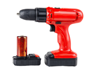 Red cordless drill and battery, side view