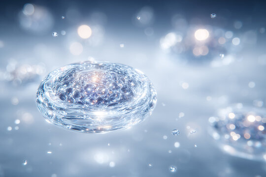 透明な美容分子が水面に浮かぶ幻想的な3Dビジュアル。ヒアルロン酸や幹細胞などの美容広告・サイエンスイメージに最適。
Beautiful transparent molecular bubbles floating on water, ideal for hyaluronic acid or stem cell skincare and science visuals.