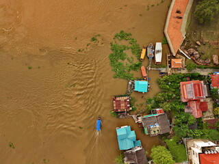 River Boats Aerial View  Waterway Transport  Thai River from Above flood