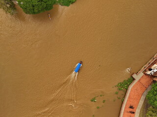 River Boats Aerial View  Waterway Transport  Thai River from Above flood