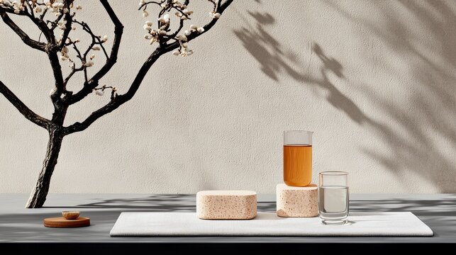 A serene still life composition featuring a bare tree branch with delicate white blossoms, two glasses filled with amber and clear liquids, and two textured ped