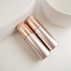 Pair of sleek bronze cosmetic bottles on white minimalist backdrop ideal for beauty product mockups in studio shot elegant and modern design aesthetic