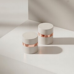Two elegant round cream jars with copper accents on neutral surface sleek cosmetic containers modern product packaging skin care essentials