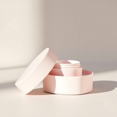 Stack of pastel pink cream jars with open lid presenting skincare containers simple beauty product arrangement luxurious beauty merchandise display