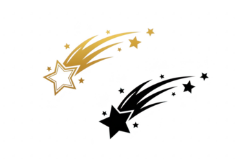 Golden and black shooting stars with trails isolated on transparent background