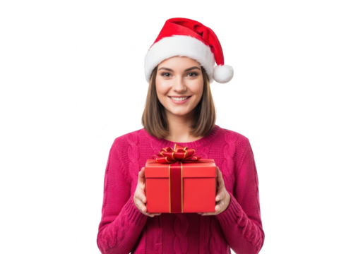 Smiling woman in santa hat holding red gift box, isolated on transparent background