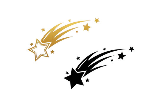 Golden and black shooting stars with trails isolated on transparent background