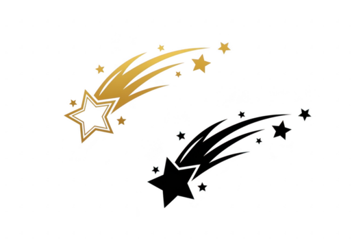 Golden and black shooting stars with trails isolated on transparent background