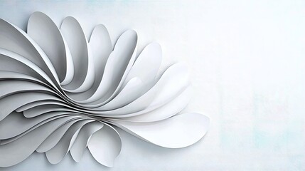 A minimalist abstract composition of white paper folded and layered to resemble organic petals or waves, creating a dynamic and flowing visual.