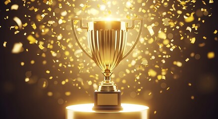 A golden trophy stands on a pedestal, illuminated by a bright light, with confetti falling around it, symbolizing victory and achievement