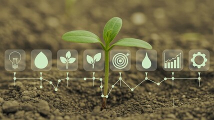 Young plant sprout growing from rich soil overlaid with digital icons representing agricultural inputs and progress