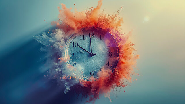 A surreal frozen clock face shatters and dissolves into tiny pixel dust, blending time, abstraction, and digital decay in a striking futuristic scene. - Powered by Adobe