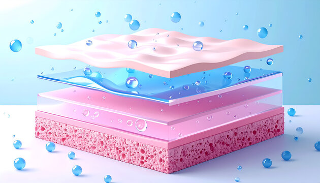 Skin layers and hydration illustration with water droplets, skincare and beauty concept