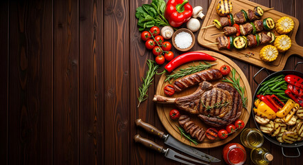 Fototapeta premium Grilled Meat Dishes with Vegetables on Wooden Table Top View