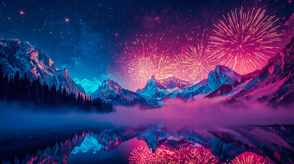 Surreal crystalline mountains reflecting neon New Year fireworks, with a calm misty foreground reserved for text.