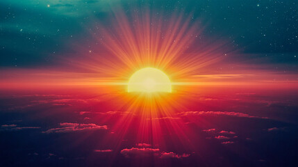 A surreal glowing horizon welcomes a rising luminous orb, symbolizing new beginnings and fresh possibilities against a dreamy atmospheric backdrop.