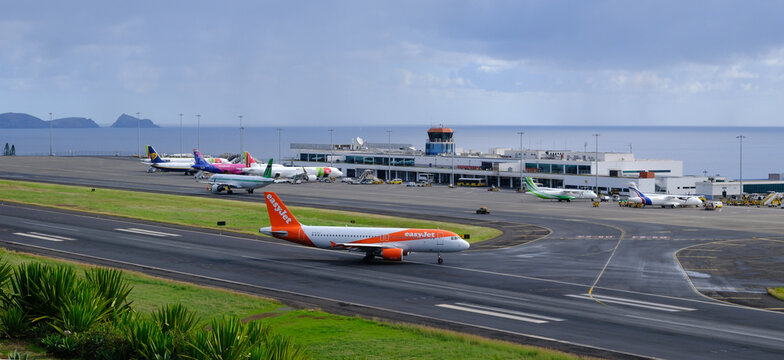 Easyjet Airbus A320 taxying at Madeira Airport, Madeira Island, Portugal