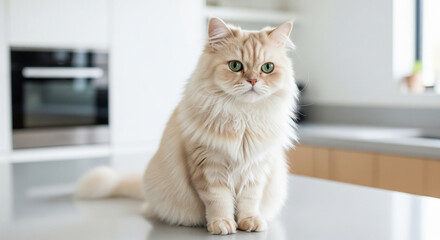 Adorable Fluffy Cream-Colored Cat with Green Eyes Sitting in a Modern Kitchen