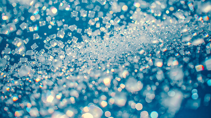 Snow composed of tiny holographic squares floats gently in slow motion, creating a dreamy, abstract winter scene with soft shimmering reflections.