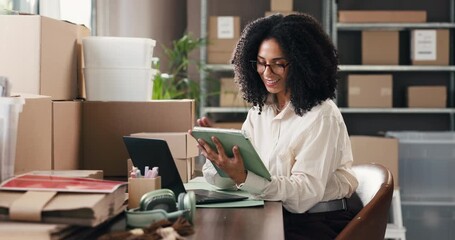 Supply chain, tablet and woman with laptop, internet and shipping schedule with online checklist. Person, business owner or entrepreneur with tech, email notification or distribution with digital app