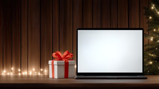 A warm holiday scene features a laptop on a wooden table alongside beautifully wrapped gifts and festive decorations
