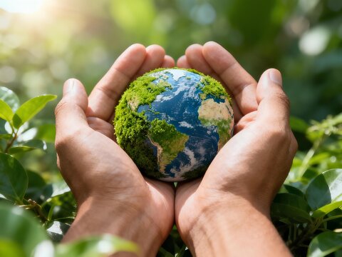 Green Earth In Hands Environmental Protection Sustainability Save The Planet, illustrating environmental care, global eco responsibility, renewable awareness