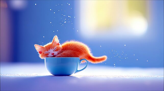 A fluffy orange kitten is curled up and sleeping soundly inside a small blue teacup, bathed in soft light. - Powered by Adobe