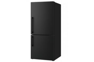 Black modern refrigerator freezer isolated on transparent background, sleek home appliance for kitchen comfort and food storage