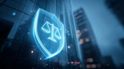 A glowing digital justice shield with scales of law over a glass building represents modern legal protection, digital rights and corporate governance.
