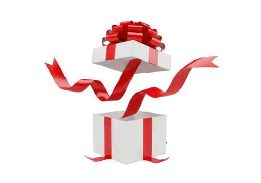 Open white gift box with red ribbon isolated on transparent background