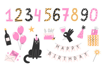 Big birthday elements set with numbers for cards, posters and festive party designs