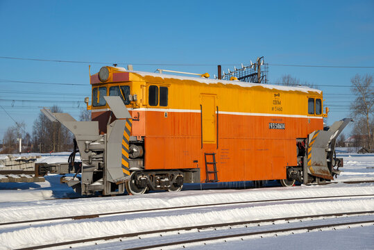KEM, RUSSIA - MARCH 10, 2025: Railway snowplow at Kem station. Republic of Karelia