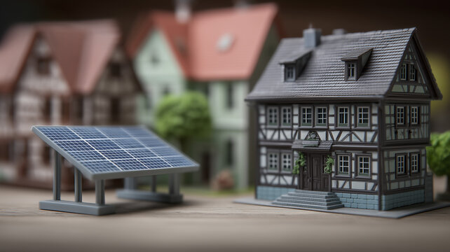 A miniature solar panel model in front of a traditional house symbolizes sustainable energy adoption, eco-friendly living and modern green solutions.
