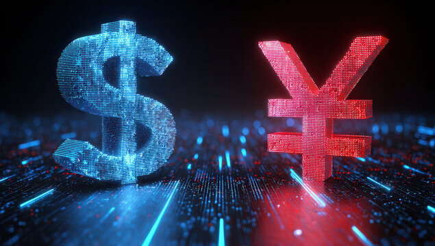 Digital representation of dollar and yen symbols illuminated on a futuristic background