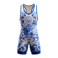 Stylish wrestling singlet with classic blue floral pattern for competition