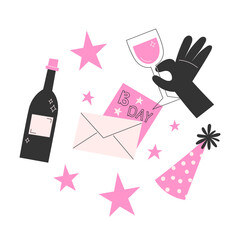 Cute birthday illustration with wine bottle, glass, party hat and festive greeting for card