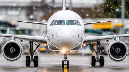 Fototapeta premium Snow covers the ground as technicians service an aircraft inside a well-lit hangar at night, focusing on routine maintenance