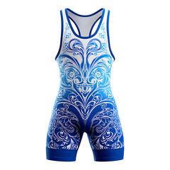 Stylish wrestling singlet with a flowing blue and white design pattern